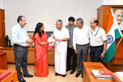 C&MD (i/c) handing over the contributions made by HLL employees to the Chief Minister's Distress Relief Fund (CMDRF), supporting relief efforts for the victims of the tragic Wayanad landslides on 30 July 2024.